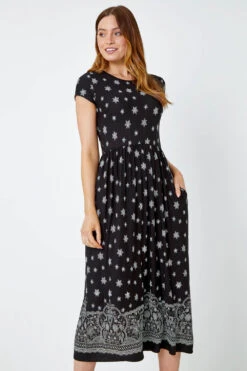 Black Paisley Border Print Midi Dress