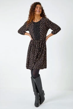 Black Lace Detail Ditsy Print Dress