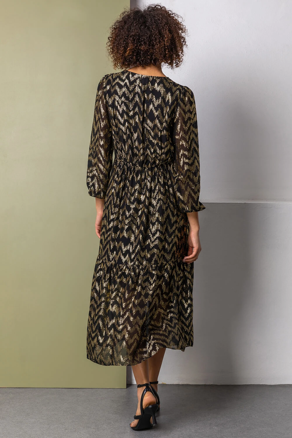 Gold Metallic Zig Zag Tiered Midi Dress 4 Gold Metallic Zig Zag Tiered Midi Dress - Image 2