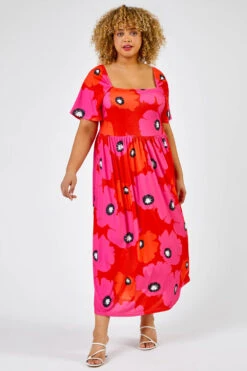 Red Curve Floral Print Square Neck Midi Dress -Outlet Modi Qube Store 710e7376 7bea 4f5e a63c ba15a8e68b00