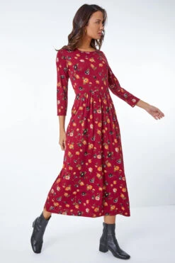 Rust Floral Print Pocket Detail Midi Dress