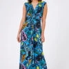 Multi Blue Palm Print Twist Waist Maxi Dress