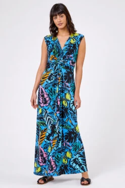 Multi Blue Palm Print Twist Waist Maxi Dress