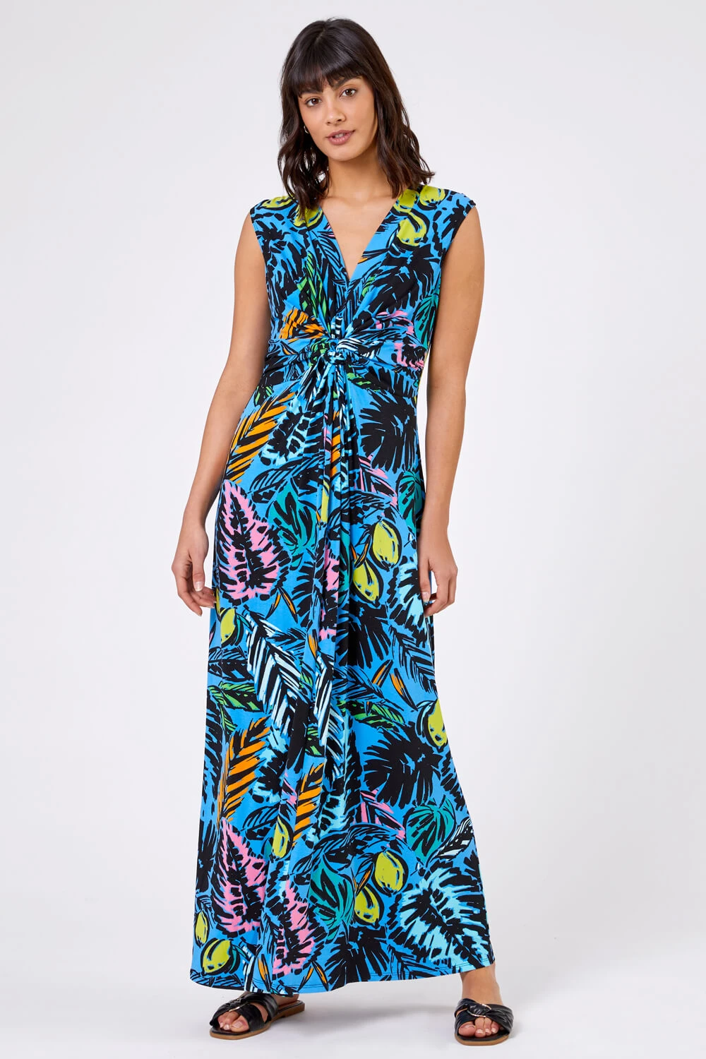 Multi Blue Palm Print Twist Waist Maxi Dress 3 Multi Blue Palm Print Twist Waist Maxi Dress
