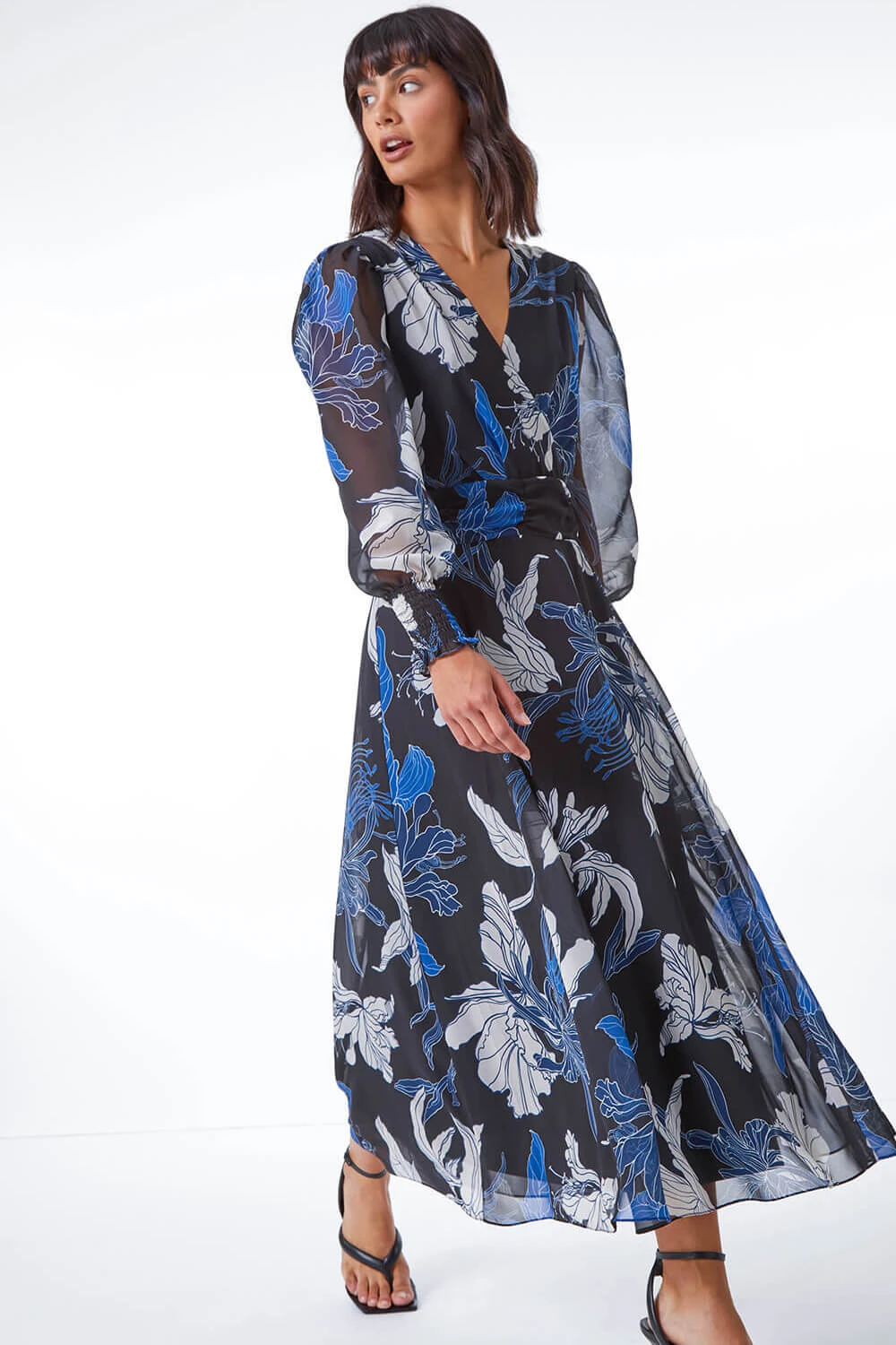 Blue Floral Print Chiffon Wrap Midi Dress 5 Blue Floral Print Chiffon Wrap Midi Dress - Image 3