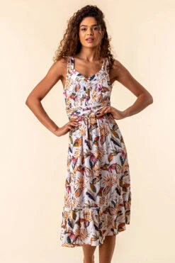 Orange Leaf Print Midi Length Sun Dress