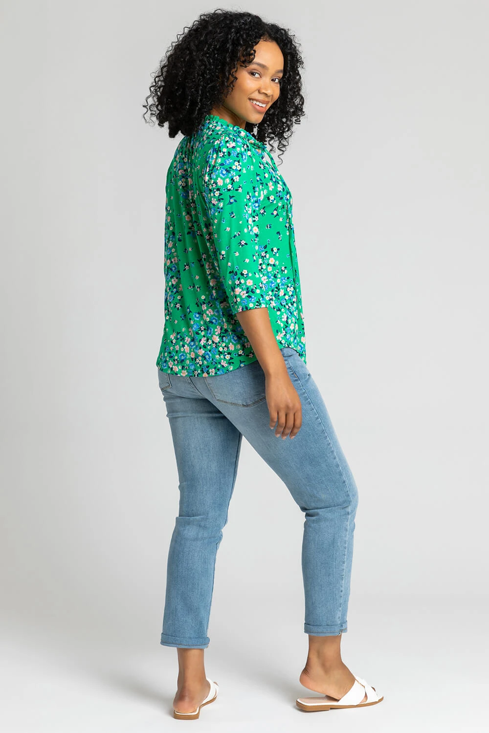 Green Petite Floral Print Tie Neck Top 4 Green Petite Floral Print Tie Neck Top - Image 2