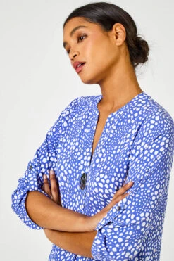 Blue Longline Button Detail Abstract Spot Print Top