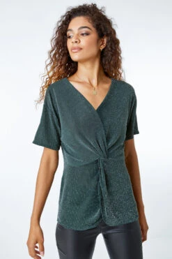 Green Twist Front Sparkle Embellished Top