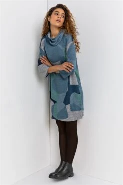 Grey Floral Print Cowl Neck Long Sleeve Tunic Top