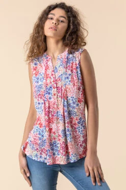 Multi Floral Print Burnout Button Detail Top