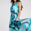 Blue Sleeveless Border Print Maxi Stretch Dress