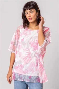 Pink Stripe Print Mesh Overlay Top -Outlet Modi Qube Store 7943777f 85dd 42d8 bf53 57fdb14e5ff6