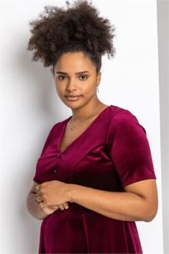 Wine Velvet Button Detail Midi Dress
