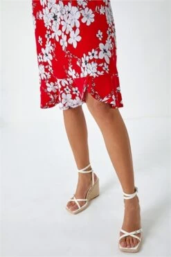 Red Textured Floral Print Cold Shoulder Top