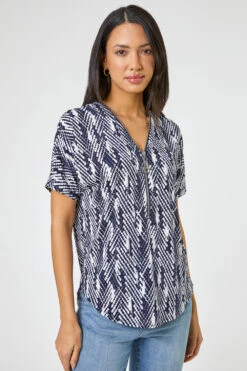 Navy Textured Abstract Print Zip Front Top