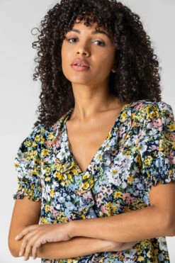 Blue Floral Print Frill Detail Blouse -Outlet Modi Qube Store 7ba55efe 447a 4c47 bc61 044d000ae43d