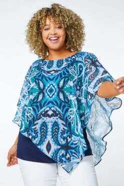 Green Curve Paisley Print Chiffon Overlay Top