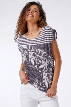 Grey Stripe Baroque Embellished T-Shirt
