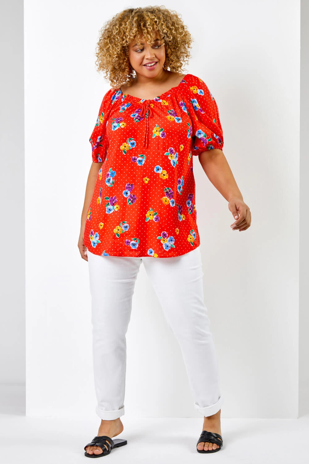 Red Curve Spot Floral Print Sweetheart Neck Top 5 Red Curve Spot Floral Print Sweetheart Neck Top - Image 3