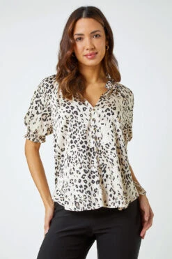 Stone Puff Sleeve Animal Print Blouse