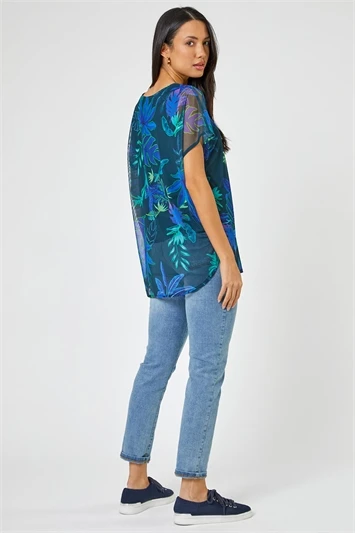 Navy Floral Print Mesh Overlay Top 4 Navy Floral Print Mesh Overlay Top - Image 2