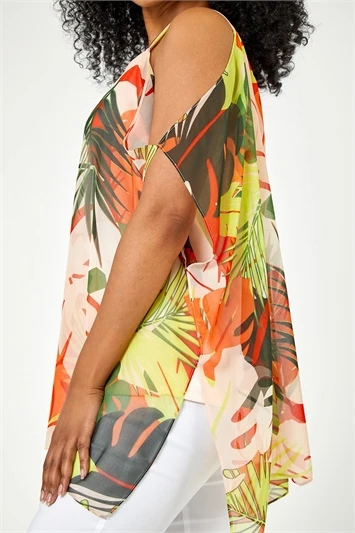 Orange Tropical Print Chiffon Hem Stretch Top 7 Orange Tropical Print Chiffon Hem Stretch Top - Image 5