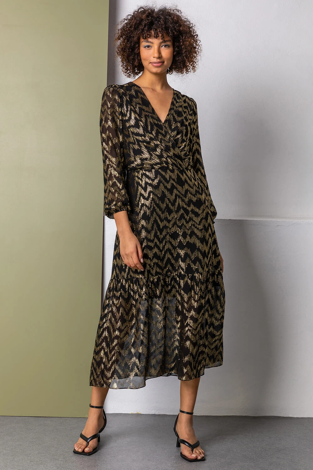 Gold Metallic Zig Zag Tiered Midi Dress 5 Gold Metallic Zig Zag Tiered Midi Dress - Image 3