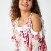 Light Pink Floral Print Cold Shoulder Frill Top