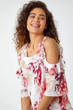 Light Pink Floral Print Cold Shoulder Frill Top