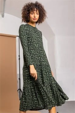 Green Animal Print Midi Dress