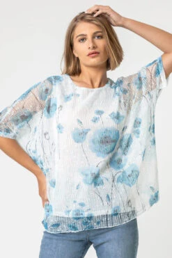 Blue Mesh Overlay Floral Print Top