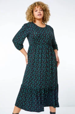 Green Curve Spot Tiered Midi Dress