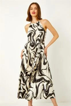 Ivory Geometric Overlay Cold Shoulder Maxi Dress