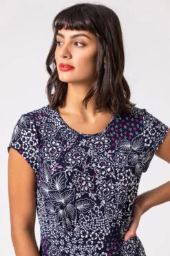 Navy Ditsy Floral Print Jersey Dress -Outlet Modi Qube Store 86172226 06a3 4037 971f a15e96602840