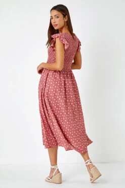 Pink Frill Sleeve Spot Shirred Midi Dress -Outlet Modi Qube Store 88068046 c802 461e 87e4 afa6f48e1ac4
