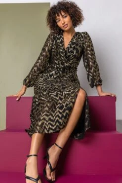 Gold Metallic Zig Zag Tiered Midi Dress