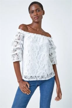 Ivory Lace Detail Shirred Bardot Top -Outlet Modi Qube Store 89e52542 1a38 45d2 9314 e4469fba70dc