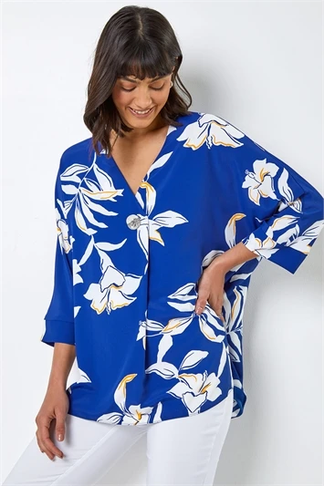 Navy Palm Print Longline Shirt 4 Navy Palm Print Longline Shirt - Image 2