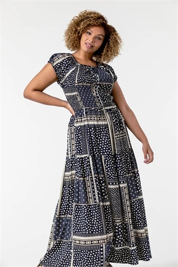 Blue Curve Leaf Bardot Stretch Midi Dress 4 Blue Curve Leaf Bardot Stretch Midi Dress - Image 2