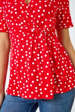 Red Spot Print Side Twist Wrap Top -Outlet Modi Qube Store 8c38e5cf 5d76 46a0 8f48 86edb50e6e2b