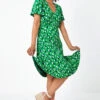 Green Petite Spot Frill Hem Stretch Dress