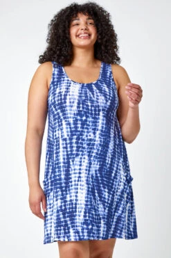 Navy Curve Tie Dye Stretch Swing Dress
