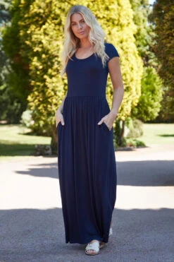 Navy Gathered Skirt Maxi Dress