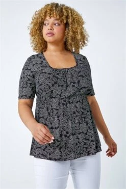 Blue Curve Ditsy Floral Shirred Stretch Top