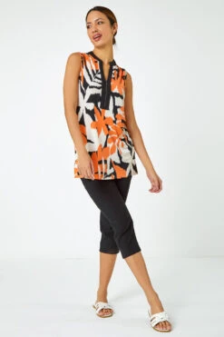 Orange Sleeveless Leaf Print Zip Top -Outlet Modi Qube Store 8f5a39d1 eade 439e a056 32fc0eee6dfa