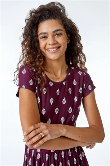 Red Petite Border Print Stretch Midi Dress 4 Red Petite Border Print Stretch Midi Dress - Image 2