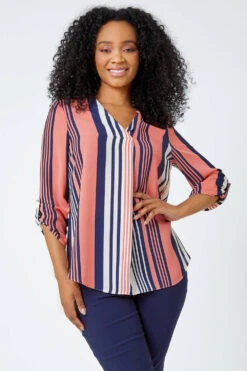 Coral Petite Pleat Front Stripe Top