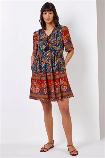 Beige Animal Print Frill Hem Smock Dress 4 Beige Animal Print Frill Hem Smock Dress - Image 2