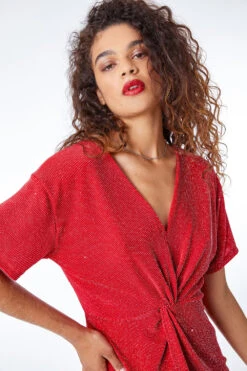 Red Twist Front Sparkle Stretch Top